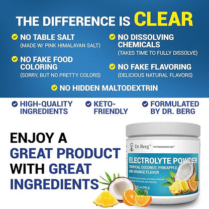 Dr. Berg Zero Sugar Hydration Keto Electrolyte Powder - Enhanced w/ 1000 mg of Potassium & Real Pink Himalayan Salt (NOT Table Salt) - Tropical Coconut, Pineapple & Orange Drink Supplement 50 Servings