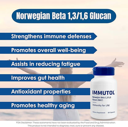 Immutol Immune Support Supplement with 750mg of Beta Glucan 1,3 1,6 - Natural Ingredients, High Potency to Boost Immunity and Overall Wellness, 60 Capsules (60)