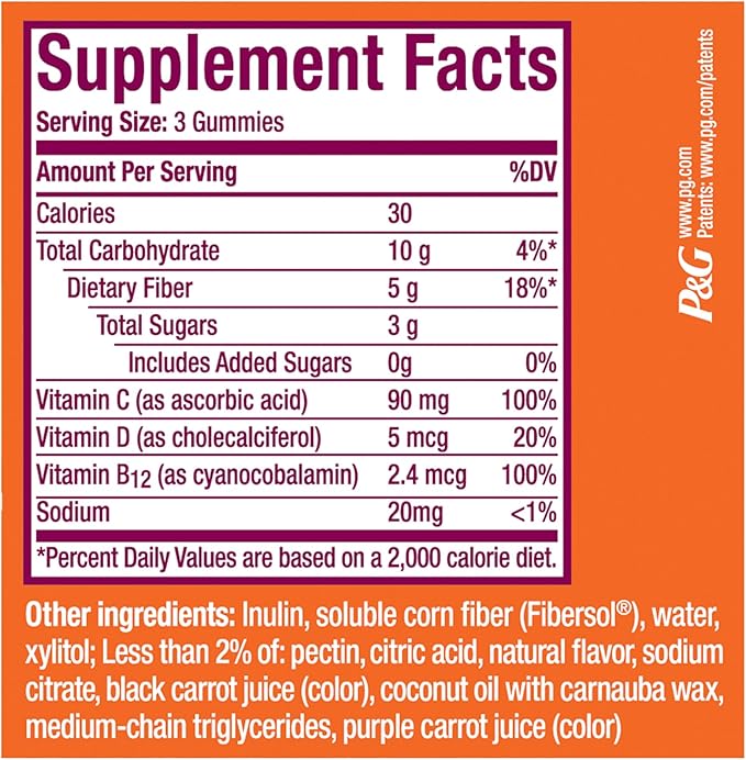 Metamucil Fiber Gummies for Adults with Vitamins C, D, B12 for Metabolism, No Sugar Added Citrus Berry Flavor, 5g Plant Based Prebiotic Fiber Supplement Blend, 120 Count