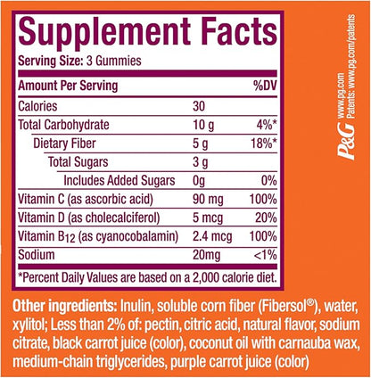 Metamucil Fiber Gummies for Adults with Vitamins C, D, B12 for Metabolism, No Sugar Added Citrus Berry Flavor, 5g Plant Based Prebiotic Fiber Supplement Blend, 120 Count