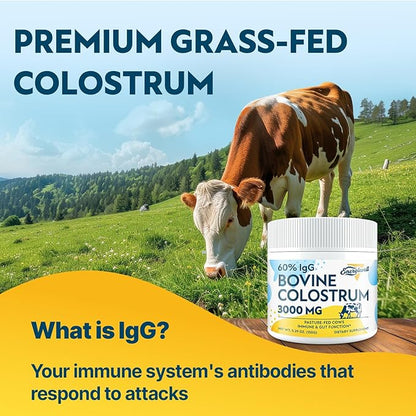 Bovine Colostrum Supplement Powder - 60% IgG 3000 mg for Gut, Hair Growth, Beauty, and Immune, Easy to Mix, Unflavored (50 Servings)