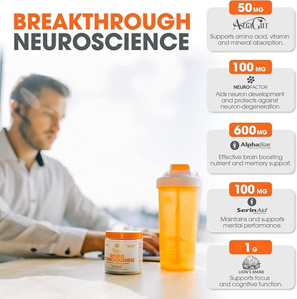 Genius Consciousness, Super Nootropic Brain Supplement Powder, Snow Cone - Focus, Cognitive Function, Concentration & Memory Booster - Alpha GPC & Lions Mane Mushroom for Neuro Energy