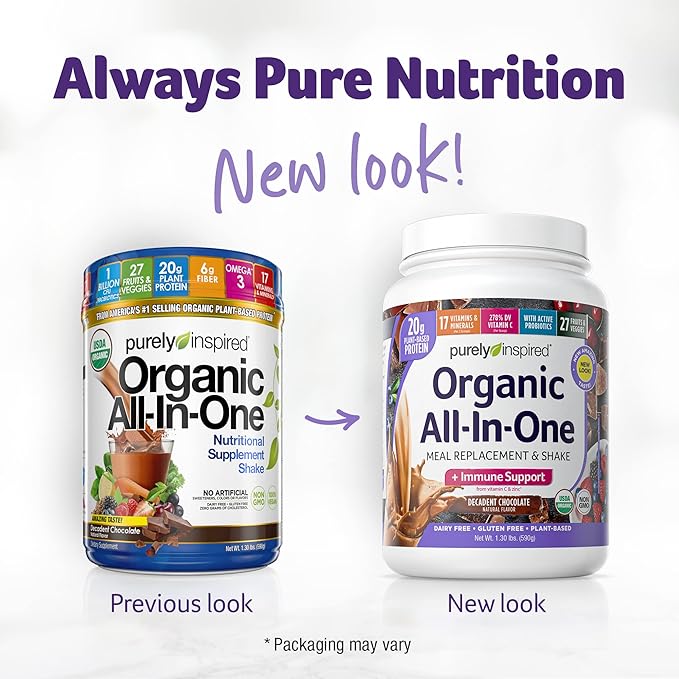 Purely Inspired All-in-One Vegan Protein Powder for Men & Women, Decadent Chocolate (14 Servings) - Plant-Based Organic Protein Powder for Shakes & Smoothies - Gluten-Free Nutritional Meal Replacement