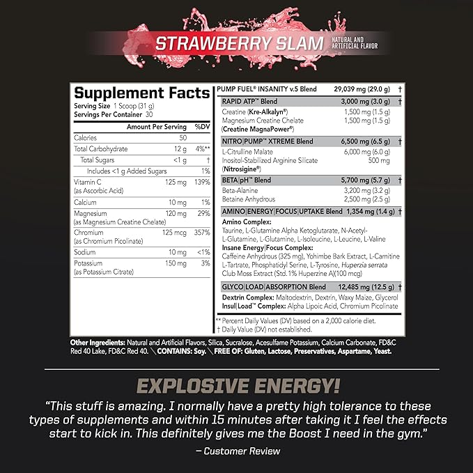 PMD Sports Ultra Pump Fuel Insanity - Pre Workout Drink Mix for Energy, Strength, Endurance, Recovery - Complex Carbohydrates and Amino Energy - Strawberry Slam (30 Servings)