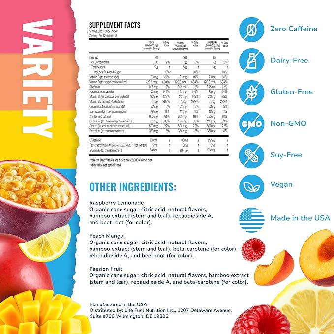 Energy + Hydration Amplifier - Multivitamin Electrolyte Powder Packets with Vitamins D3 K2 & B6 B12 | L-Theanine, Cane Sugar, Caffeine Free Energy Drink Powder | Variety Pack, 15 Pack