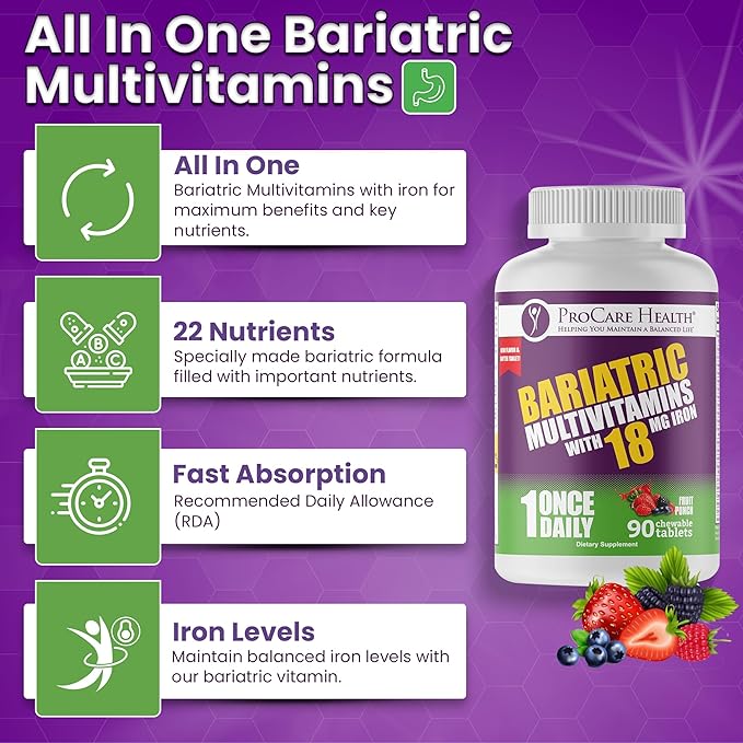 Procare Health Bariatric chewable Multivitamin with Iron 18mg (90 Tablets) - Fruit Punch Flavor Bariatric Multivitamin Chewable Pills for Gastric Bypass & Sleeve Gastrectomy Patients* (3 Month Supply)