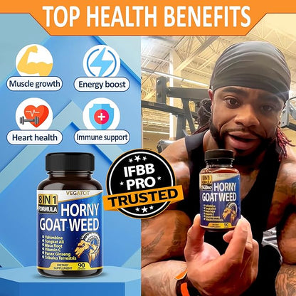 VEGATOT 8 in 1 High Strength Horny Goat Weed 15,420MG Concentrated Extract with Yohimbine Tongkat Ali Maca Root Fenugreek Boost Energy Stamina 3-Month Supply (90 Count (Pack of 1))