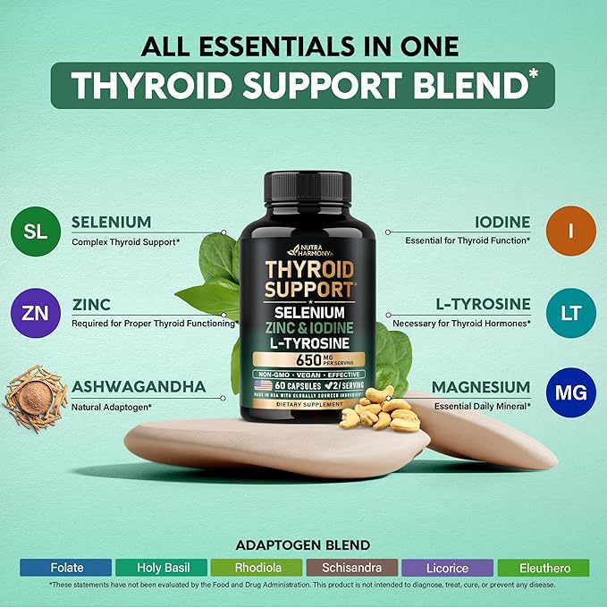 Thyroid Support for Women - Selenium 200 mcg | Zinc & Iodine | L-Tyrosine | Magnesium | Adaptogen Herbs - 21-in-1 Antioxidant & Immune Support - Vegan, Non-GMO, Lab Tested - 60 Capsules, Made in USA