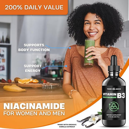 Liquid Vitamin B3 (as Niacinamide) Supplement - Non Flush Form of Niacin - Convenient Niacin Drops for Women and Men - 4 oz (120ml)