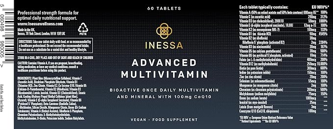Inessa Methylated Multivitamin for Men - Advanced Natural Daily Mens Multivitamins with CoQ10 100mg, Vitamins D3, K2, A, B Complex Vitamins, Folic Acid & Zinc - 60 Vegan Tablets for Men & Women