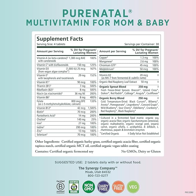PURE SYNERGY PureNatal Prenatal Vitamins | Vegan Supplement Made with Organic Whole Foods | with Natural Iron, Folate, and Choline | for Pre-Conception, Pregnancy and Breastfeeding (120 Tablets)