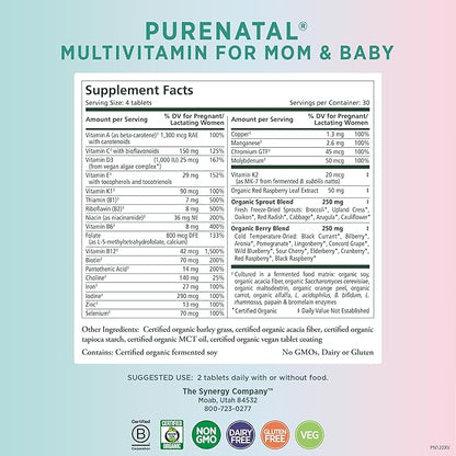 PURE SYNERGY PureNatal Prenatal Vitamins | Vegan Supplement Made with Organic Whole Foods | with Natural Iron, Folate, and Choline | for Pre-Conception, Pregnancy and Breastfeeding (120 Tablets)