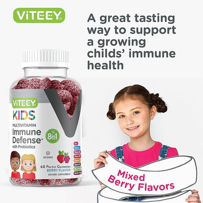 Kids Multivitamin Gummies with Probiotics - 8-1 Kids Vitamins for Immune Health Support with Vitamin C, D3, B12, B6, Zinc, Elderberry, Selenium - Vegetarian - Chewable Tasty Berry Flavored Gummy