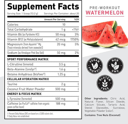 Kaged Pre-Kaged Sport Pre Workout Powder | Watermelon | Energy Supplement for Endurance | Cardio, Weightlifting Sports Drink | 20 Servings