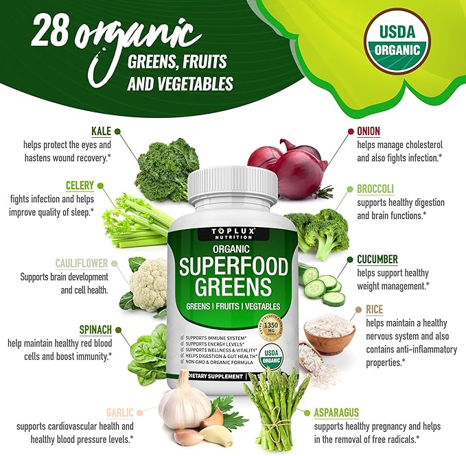 Organic Super Greens Capsules Superfood Fruit Veggie Supplement - 28 Powerful Natural Ingredients with Alfalfa, Beet Root, Tart Cherry & Ginger for Immune & Energy Support, for Men Women, 60 Tablets