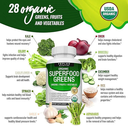 Organic Super Greens Capsules Superfood Fruit Veggie Supplement - 28 Powerful Natural Ingredients with Alfalfa, Beet Root, Tart Cherry & Ginger for Immune & Energy Support, for Men Women, 60 Tablets