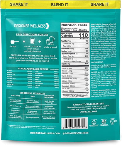 Designer Wellness, Designer Whey, Natural Whey Protein Powder with Probiotics, Fiber, and Key B-Vitamins for Energy, Gluten-Free, French Vanilla, 2 lb