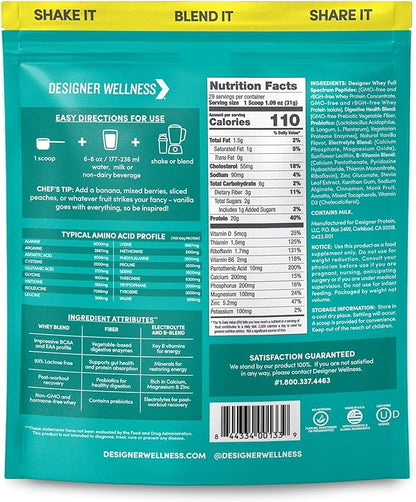 Designer Wellness, Designer Whey, Natural Whey Protein Powder with Probiotics, Fiber, and Key B-Vitamins for Energy, Gluten-Free, French Vanilla, 2 lb