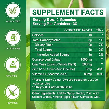 Soursop Graviola Gummies - Soursop Multivitamin Gummies with 200mg Sea Moss Extract for Antioxidant, Cell Support & Regeneration, Immune Support, Vegan, Apple Flavor - 60 Gummies
