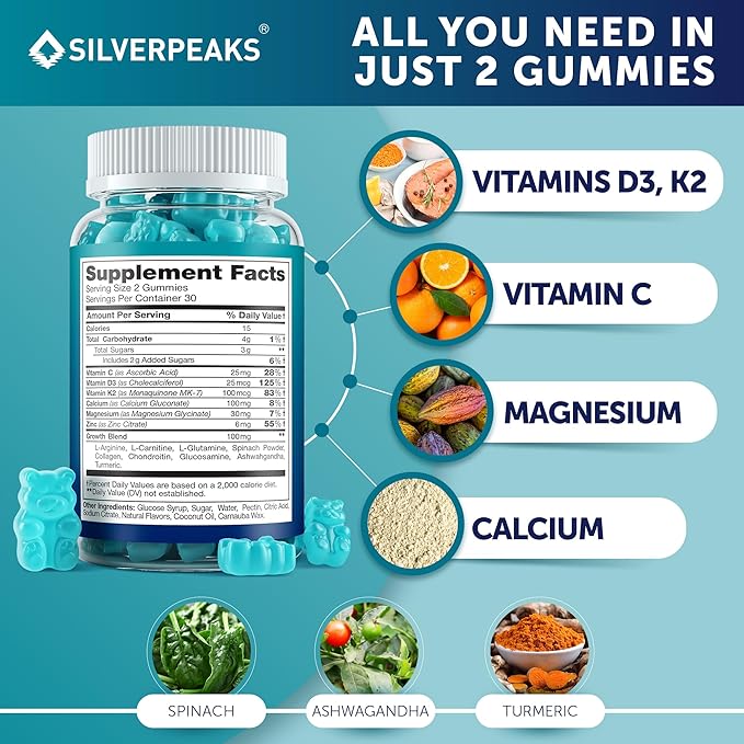 Calcium Magnesium Gummies – Bone & Immune Support for Women & Men with Vitamin D3, K2, Zinc & Collagen – Natural Multi-Vitamin Supplement for Strong Bones & Overall Wellness – 60 Chews