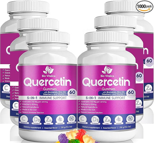 BIO VITALICA Quercetin Gummies by BioVitalica - Quercetin with Bromelain Vitamin C and Zinc & Elderberry + Vitamin D3-5 in 1 Immune Support - Zinc Quercetin 750 mg for Kids and Adult (6, Quercetin)