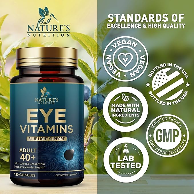Eye Vitamins & Mineral Supplement, Contains Lutein, Zeaxanthin, Bilberry & Zinc, Supports Eye Strain, Vision Macular Health & Dry Eyes for Adults with Vitamin C & E, Lycopene - 120 Capsules
