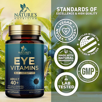 Eye Vitamins & Mineral Supplement, Contains Lutein, Zeaxanthin, Bilberry & Zinc, Supports Eye Strain, Vision Macular Health & Dry Eyes for Adults with Vitamin C & E, Lycopene - 120 Capsules
