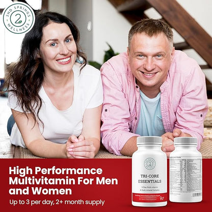 Tri-Core Essentials - 3 A Day Comprehensive Multivitamin Multimineral Complex with Probiotics, Prebiotics, Digestive Enzymes, Mushrooms, Adaptogens, and 45 Fruits and Vegetables - 180 Tablets