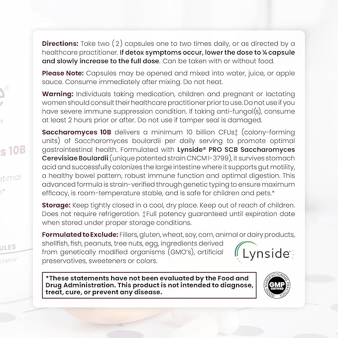 Saccharomyces 10B - Saccharomyces Boulardii, 10 Billion CFU Per Serving, Patented Strain: Lynside CNCM I-3799, Probiotic Capsules, Probiotics for Men and Women - 120 Count