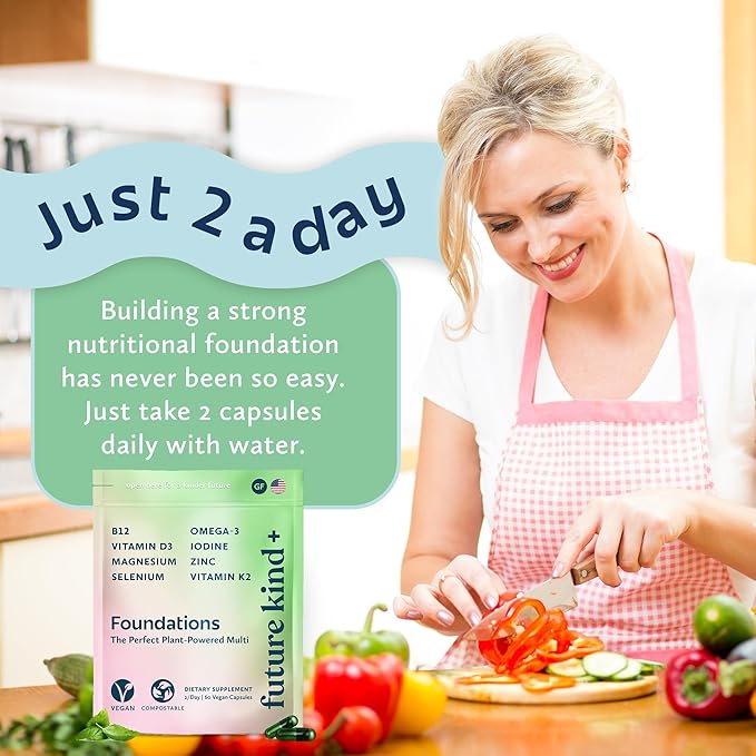 Future Kind Carrageenan-Free Foundations Multivitamin: Vegan Multivitamins for Women & Men- Plant Based Multivitamin, Omega-3, B12, D3, Zinc, Iodine, Magnesium, K2 & Selenium- Compostable Bag