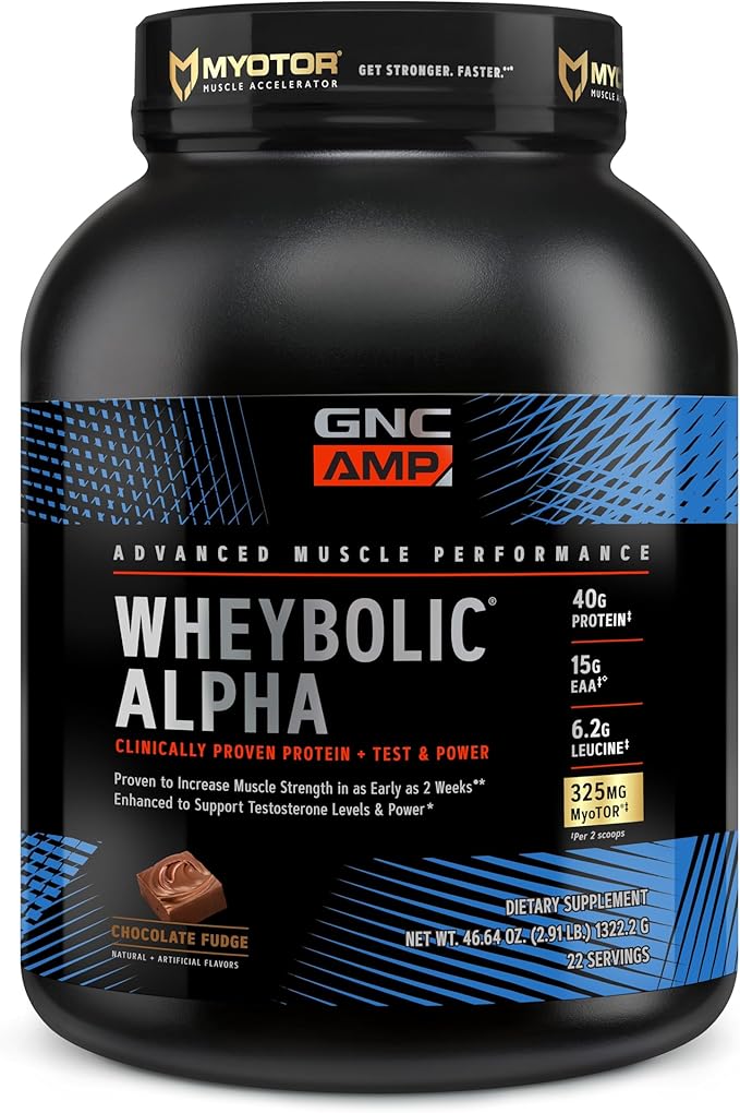 GNC AMP Wheybolic Alpha Whey Protein Powder with MyoTOR | Targeted Muscle Building and Workout Support Formula with BCAA | 40g Protein | Chocolate Fudge | 22 Servings