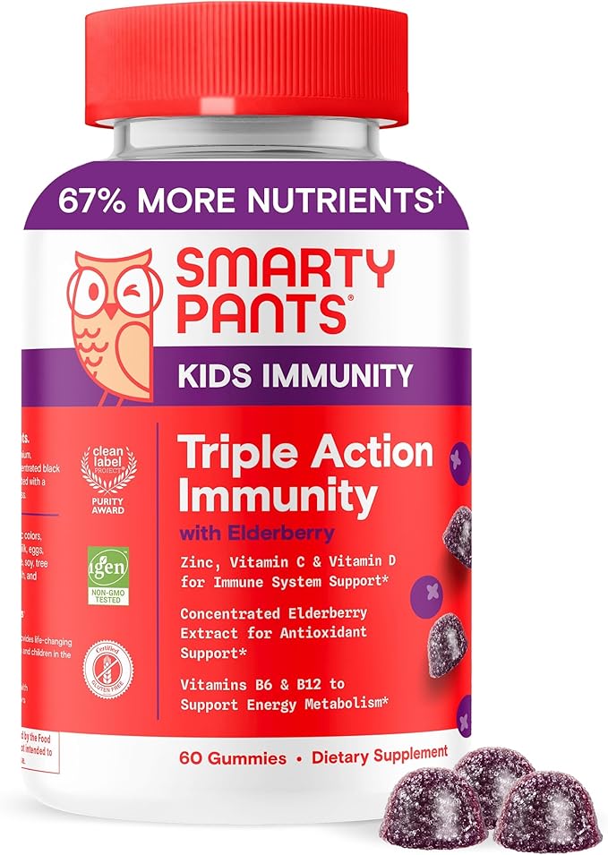 SmartyPants Kids Immunity Elderberry Gummies: Kids Immune Support Supplement, Vitamin C, Vitamin D, Vitamins B6 & B12 and Zinc, Gluten Free, Elderberry Flavor, 60 Count (30 Day Supply)