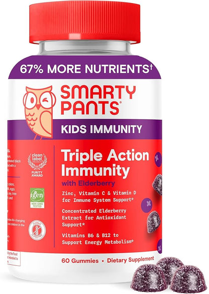 SmartyPants Kids Immunity Elderberry Gummies: Kids Immune Support Supplement, Vitamin C, Vitamin D, Vitamins B6 & B12 and Zinc, Gluten Free, Elderberry Flavor, 60 Count (30 Day Supply)