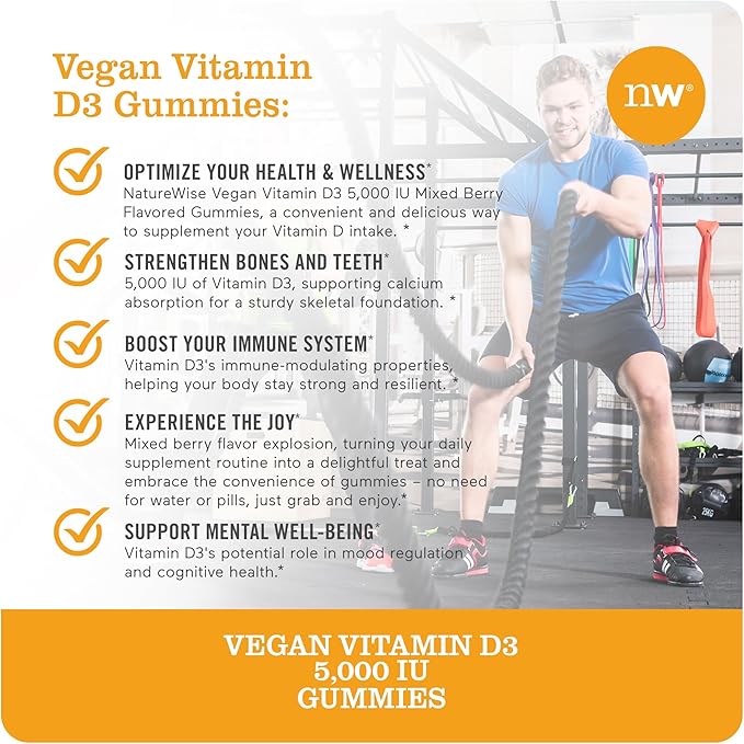 NatureWise Vitamin D3 5000 IU Gummies - Mixed Berry Flavor - Vegan D from Lichen, Pectin Based, Immune Support for Adults, Muscle & Bone Strength - Gluten Free, Non-GMO - 60 Count[1-Month Supply]