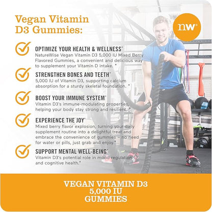 NatureWise Vitamin D3 5000 IU Gummies - Mixed Berry Flavor - Vegan D from Lichen, Pectin Based, Immune Support for Adults, Muscle & Bone Strength - Gluten Free, Non-GMO - 180 Count[3-Month Supply]