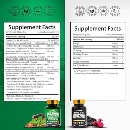 Premium Combo Bundle - Sea Moss 9000mg, Black Seed Oil 6000mg, Ashwagandha 3000mg, Shilajit 12000mg, Black Maca 4000mg, Beetroot 1000mg, All in 1 Supplements Pack