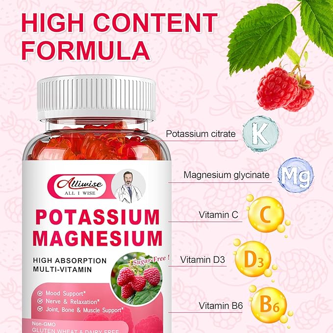 Potassium Magnesium Supplement Gummies with Potassium Citrate 200mg + Magnesium Glycinate 500mg for Bone & Muscle Relaxation,Mood & Energy Support.High Absorption Vitamin B6, D3, C.Raspberry Flavor