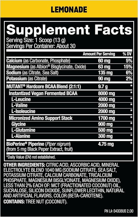 Mutant Hardcore BCAA - Pre, Intra or Post Workout – BCAA Next Level branched-Chain Amino Acids Supplement – Hydration + Recovery - 30 Serving - Lemonade