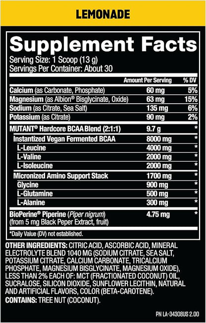Mutant Hardcore BCAA - Pre, Intra or Post Workout – BCAA Next Level branched-Chain Amino Acids Supplement – Hydration + Recovery - 30 Serving - Lemonade