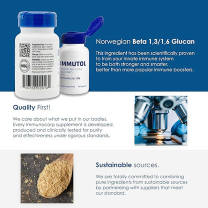 Immutol Immune Support Supplement with 750mg of Beta Glucan 1,3 1,6 - Natural Ingredients, High Potency to Boost Immunity and Overall Wellness, 60 Capsules (120)