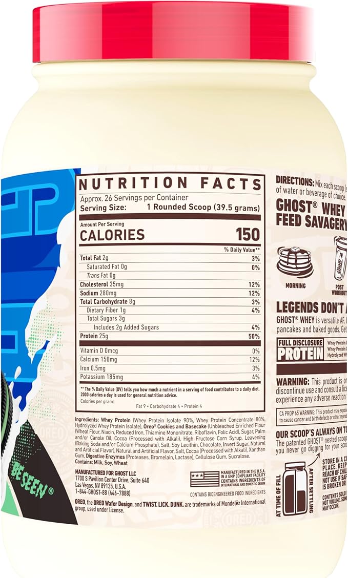 GHOST Whey Protein Powder, Oreo Mint - 2LB Tub, 25G of Protein - Cookies & Cream Flavored Isolate, Concentrate & Hydrolyzed Whey Protein Blend - Post Workout Shakes