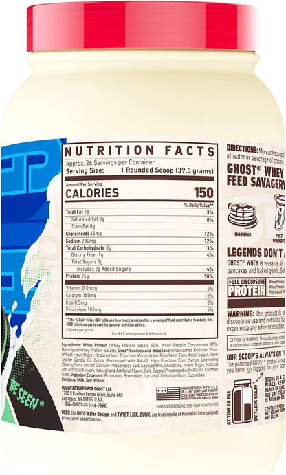 GHOST Whey Protein Powder, Oreo Mint - 2LB Tub, 25G of Protein - Cookies & Cream Flavored Isolate, Concentrate & Hydrolyzed Whey Protein Blend - Post Workout Shakes