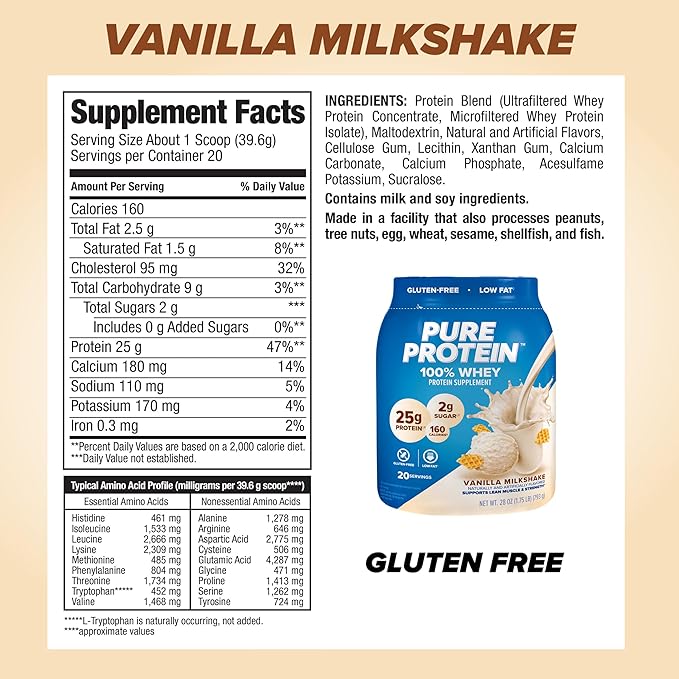 pure protein Powder - Whey, High Protein, Low Sugar, Gluten-Free, Vanilla Cream Flavor - 1 lb (Packaging May Vary) (Pack of 2)