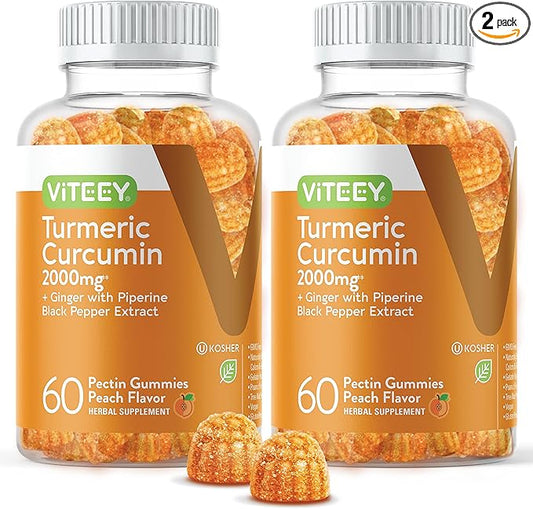 Turmeric Curcumin Gummies with Ginger & Black Pepper Herbal Supplement, 2000mg, Immune Support, Healthy Skin, and Joint Health, Vegan, Pectin Based, for Adults and Teens - Chewable Peach Flavor(2Pack)