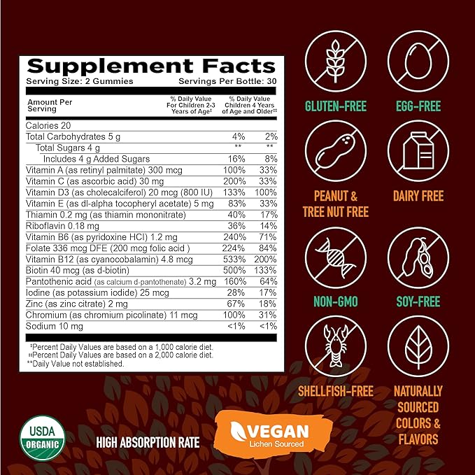 Strong Earth- Organic Multivitamin Gummies for Kids- Gummy Vitamins & Minerals Including Vitamin A, C, D3, E, B6 & Zinc - Chewable Multi Vitamin Gummies with Immune Support for Boys and Girls (60)