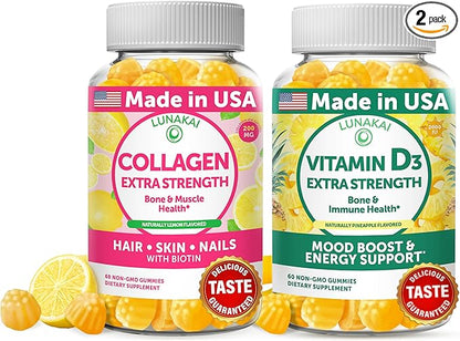 Lunakai Collagen and Vitamin D3 Gummies Bundle - Non-GMO Anti Aging Supplements for Men & Women - Immunity, Bone and Mood Support Gummy for Adults - 30 Days Supply