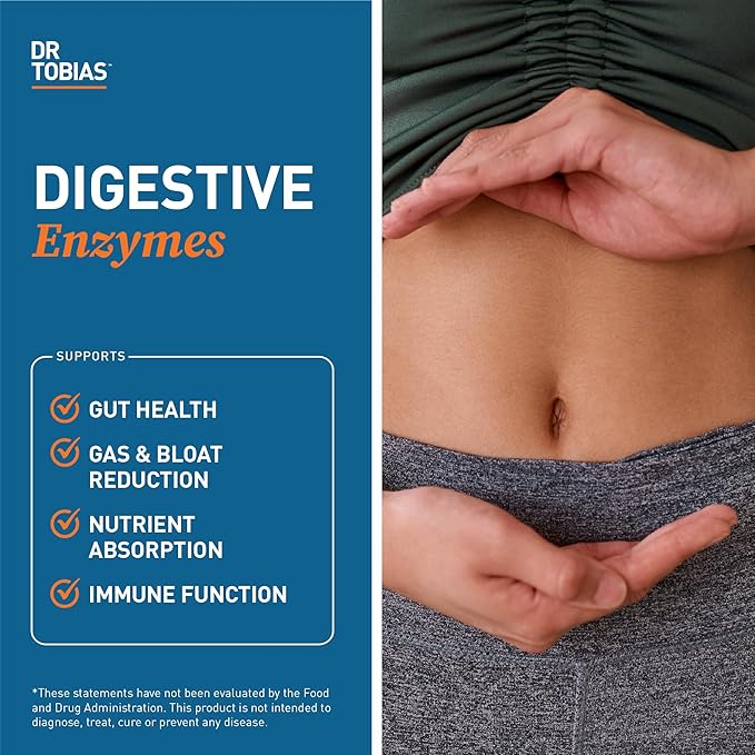 Dr. Tobias Digestive Enzymes with Amylase, Bromelain, Lipase, Lactase, Protease, Papain & More, Digestion Supplement with 18 Enzymes for Digestion and Gut Health, 30 Capsules, 15 Servings