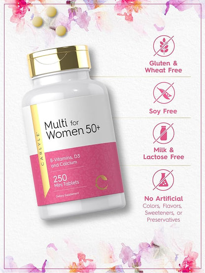 Carlyle Multivitamin for Women 50 and Over | 250 Mini Tablets | Iron Free Supplement | with B12, D3, and Calcium | Non-GMO, Gluten Free