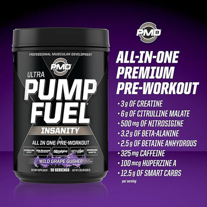 PMD Sports Ultra Pump Fuel Insanity - Pre Workout Drink for Energy, Strength, Endurance, Recovery - Complex Carbohydrates and Amino Energy - Wild Grape Gusher (30 Servings)