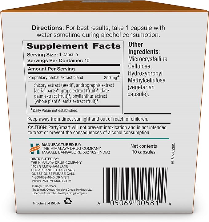 Himalaya PartySmart, One Capsule for a Better Morning After Drinking, Plant Based, Liver Support, Alcohol Breakdown, Clinically Studied, Non-GMO Project Verified, 10 Capsules, 3 Pack